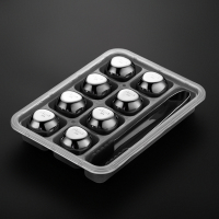 304不锈钢速冻冰块 制冰模具家用威士忌速冻金属冰粒冰格|8格带收纳盒送冰夹(石头形状)