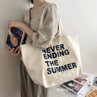 日系慵懒风特大容量字母帆布包女单肩包手提购物袋托特包|NEVERENDINGTHESUMMER 纵向大号