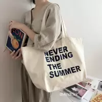 日系慵懒风特大容量字母帆布包女单肩包手提购物袋托特包|NEVERENDINGTHESUMMER 纵向大号