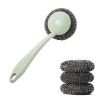 不锈钢钢丝刷子家用刷锅神器球洗碗锅厨房长柄洗锅刷洗碗清洁|绿色 1个长柄钢丝球+3个替换刷头