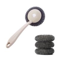 不锈钢钢丝刷子家用刷锅神器球洗碗锅厨房长柄洗锅刷洗碗清洁|米色 2个长柄钢丝球刷