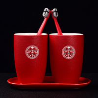 红色陪嫁水杯套装子牙刷杯牙缸婚庆结婚一对创意|路宝圆对杯+椭圆盘