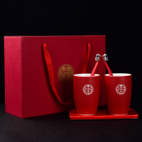 红色陪嫁水杯套装子牙刷杯牙缸婚庆结婚一对创意|路宝圆对杯+长方盘+礼盒