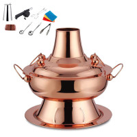 北京铜火锅炭电两用鸳鸯火锅涮肉锅不锈钢铜锅老式木炭火锅盆炉具|玫瑰金 36cm【木炭款】适用8-12人