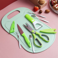 水果刀套装削皮器砧板菜板三件套厨房家用削皮刀苹果刮皮刨刀刀具|（三件套+砧板+4支）绿【特惠套装】