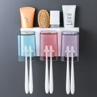 2/3/4口 牙刷架套装置物架免打孔壁挂式牙杯架漱口杯洗漱杯刷牙杯|透明方杯3口牙刷架