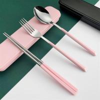 不锈钢勺子筷子便携收纳套装三件套学生成人上班族家庭加厚加长叉|樱花粉色 特价三件套-勺+筷+叉(送盒子+网袋