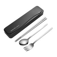 套装餐具筷子勺子三件套不锈钢套装学生可爱便携创意式叉子收纳盒|黑盒-本钢色筷勺叉