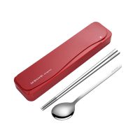套装餐具筷子勺子三件套不锈钢套装学生可爱便携创意式叉子收纳盒|红盒-本钢色筷勺
