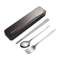套装餐具筷子勺子三件套不锈钢套装学生可爱便携创意式叉子收纳盒|经典黑-本钢色筷勺叉
