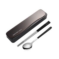 套装餐具筷子勺子三件套不锈钢套装学生可爱便携创意式叉子收纳盒|经典黑-本钢色黑色筷勺