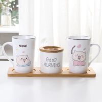 洗漱杯陶瓷带把情侣对杯创意家用卫生间漱口杯子牙刷水杯|对杯+牙膏杯(不带木托)三件套 N款蓝猪+D款粉猪(送牙刷)