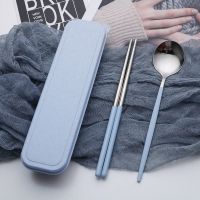 便携筷子勺套装一人食餐具三件套不锈钢叉学生收纳盒|B款天空蓝色[+赠笑勺)]