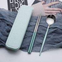 便携筷子勺套装一人食餐具三件套不锈钢叉学生收纳盒|C款薄荷绿色[+赠笑勺]