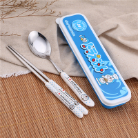 可爱hello kitty机器猫奶牛不锈钢便携筷子勺子盒装餐具套装|蓝盒2件装[勺-筷子]