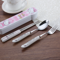 可爱hello kitty机器猫奶牛不锈钢便携筷子勺子盒装餐具套装|圆红2件装[勺-筷子]