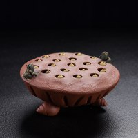 紫砂变色喷水荷叶螃蟹茶宠茶桌茶盘摆件茶艺茶玩茶具配件|朱砂-莲蓬青蛙会喷水(长12高6cm)