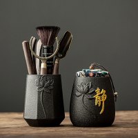 功夫茶具配件黑檀实木茶道六君子套装大全6君子泡茶工具茶夹针勺|黑陶菱形荷花(金属黑檀木六君子+黑陶浮雕荷花茶叶罐)