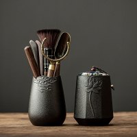 功夫茶具配件黑檀实木茶道六君子套装大全6君子泡茶工具茶夹针勺|黑陶腾云(金属黑檀木六君子+黑陶菱形荷花茶叶罐)