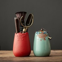 功夫茶具配件黑檀实木茶道六君子套装大全6君子泡茶工具茶夹针勺|红色腾云(金属黑檀木六君子+哥窑腾云茶叶罐)