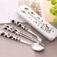 卡通kt猫不锈钢旅行餐具筷勺叉子三件套中小学生儿童便携餐具套装|黑色奶牛三件套