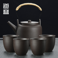 紫砂泡茶壶大容量家用整套提梁壶功夫茶具复古茶杯非烧水壶|麻绳长嘴紫砂提梁壶500ml-1壶4杯