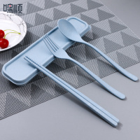 便携筷子勺子套装单人小麦秸秆餐具三件套日式学生可爱筷子收纳盒|蓝色[筷+勺+叉]