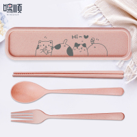 便携筷子勺子套装单人小麦秸秆餐具三件套日式学生可爱筷子收纳盒|猫咪幻想[粉色]