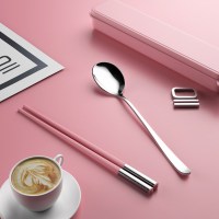 筷子勺子叉子套装餐具盒一人食学生便当三件套便携式上班族单人装|粉色筷子+勺子+盒子+袋子