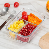 高硼硅三分隔玻璃饭盒微波炉专用保鲜盒分格便当密封碗带盖玻璃碗