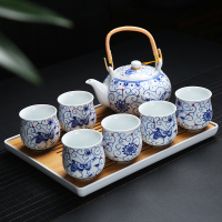 茶具套装家用陶瓷杯提梁茶壶现代简约6只装大杯子冷水壶干泡茶盘|青花戏蝶套装+长方茶盘(收藏送滤网壶绳茶巾) 10件