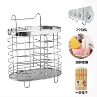 不锈钢筷子收纳挂式筷笼子沥水创意防霉家用筷篓筷子架|加厚椭圆+2挂钩+挂袋+10双筷子