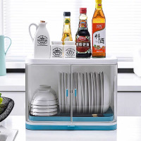 厨房碗架碗筷收纳盒带盖放餐具装碗箱碟盘沥水置物架塑料碗柜家用|加大号单层蓝色(加固款)磁吸门