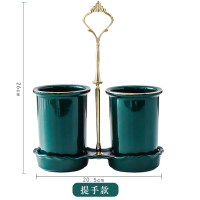 轻奢筷篓陶瓷筷子筒置物架 沥水厨房放勺子的收纳盒桶筷子笼家用|套二提手祖母绿筷子筒(描金)