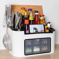 刀架厨房置物架调味料调味瓶收纳架用品家用大全调味盒筷子收纳盒|升级带门大号(挂架+菜板架)白色