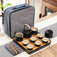 小茶具套装功夫茶杯家用日式简约客厅办公黑陶瓷泡茶壶茶盘托盘|提梁壶11头配黑盘旅行包壶型杯型可换