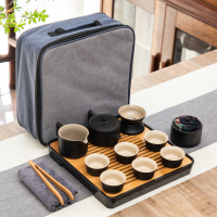 小茶具套装功夫茶杯家用日式简约客厅办公黑陶瓷泡茶壶茶盘托盘|汉元壶11头配黑盘旅行包壶型杯型可换