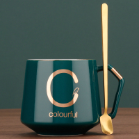 精致的咖啡杯欧式小奢华小杯子北欧ins风陶瓷马克杯套装带盖勺碟|百川字母杯+勺子——C