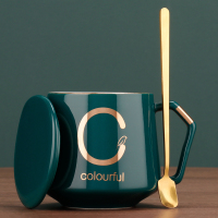 精致的咖啡杯欧式小奢华小杯子北欧ins风陶瓷马克杯套装带盖勺碟|百川字母杯+盖子+勺——C