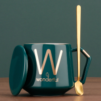 精致的咖啡杯欧式小奢华小杯子北欧ins风陶瓷马克杯套装带盖勺碟|百川字母杯+盖子+勺——W