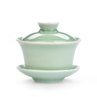 陶瓷三才盖碗茶杯功夫茶具套装玻璃大号青花瓷泡茶碗白瓷家用|青瓷盖碗-绿色