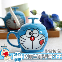 叮当猫卡通陶瓷杯子创意水杯个性马克杯子早餐牛奶咖啡杯子带盖勺