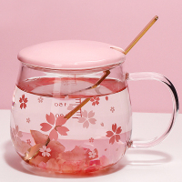 日系水杯女可爱少女玻璃杯子家用樱花茶杯简约ins风马克杯带盖勺