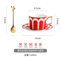 欧式小奢华ins风咖啡杯碟套装家用花茶杯下午茶杯陶瓷牛奶杯|繁花似锦红色(杯碟+金勺)