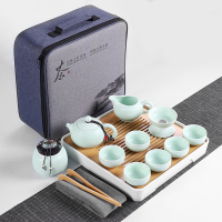 哥窑旅行功夫茶具小套装简易家用便携包户外收纳简约日式茶壶茶艺|款7:定窑青茶具-茶壶+收纳包