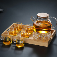 玻璃水壶泡茶壶煮茶水果花茶竹盖耐热防爆硼硅材质茶具套装家用|1L升级包钢竹壶+6直筒杯+底+托盘