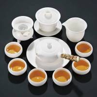 新款德化白瓷功夫茶具套装简约办公室陶瓷整套泡茶壶茶杯套组|腾龙侧把壶盖碗套装10头+壶呈