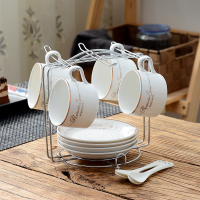 欧式陶瓷杯咖啡杯碟套装创意简约家用咖啡杯碟带架子茶杯套装套具|黄金边英文R标4杯勺碟-送架子