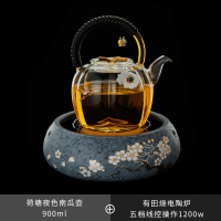 泡茶壶耐温加厚花茶壶家用套装电陶炉煮茶器烧水玻璃茶壶小容量|荷塘夜色南瓜壶+有田烧炉