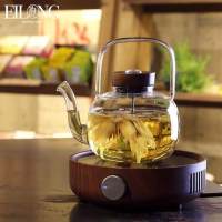 台湾感温玻璃壶烧水壶煮茶器大号耐温茶壶电陶炉套装|胡桃色茶炉+感温玻璃提梁壶1100ml